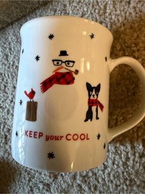 White 'Keep Your Cool' Winter Mug Boston terrier frenchie cardinal snowman